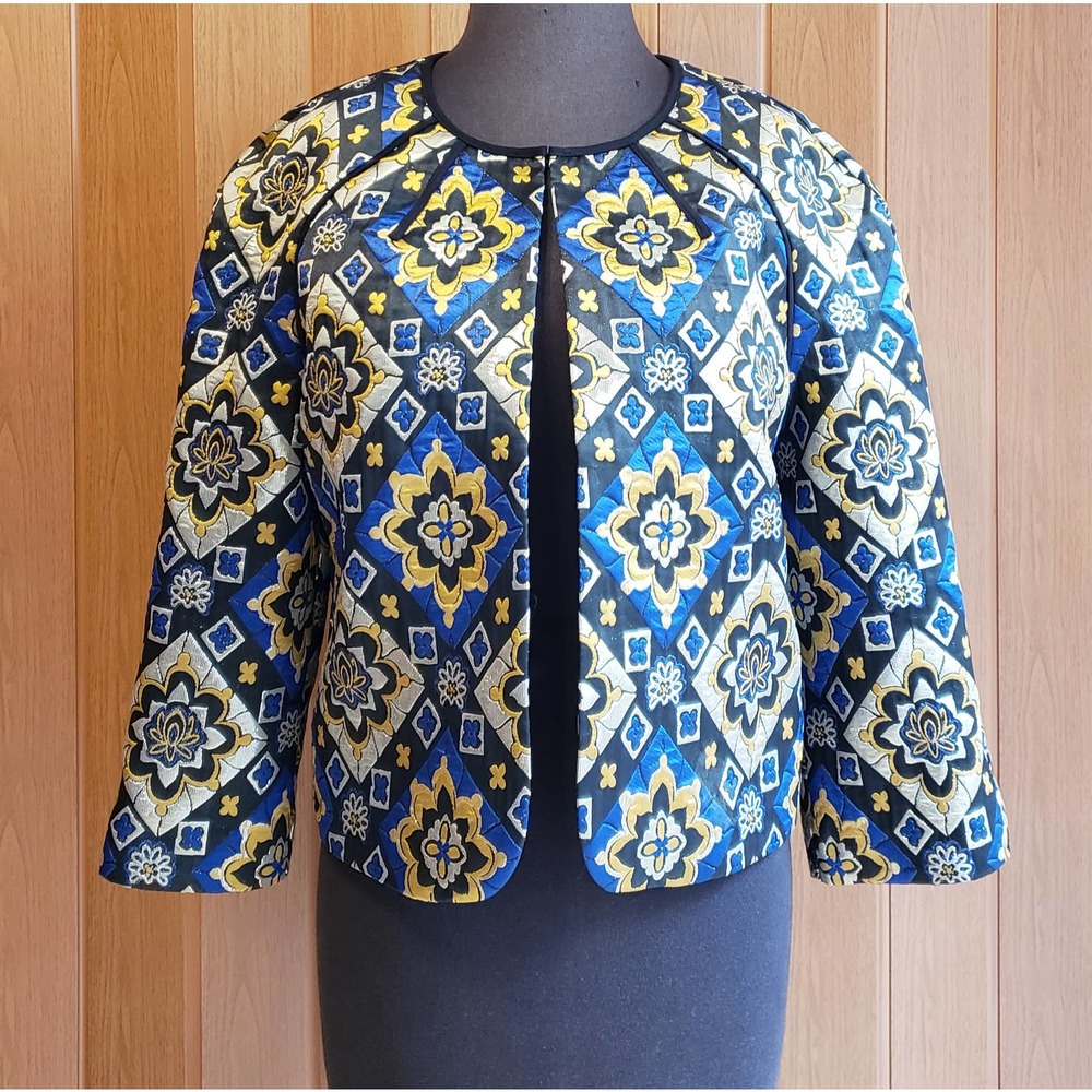 LOFT Quilted Patterned Crop Jacket in Blue, Yellow, Black
